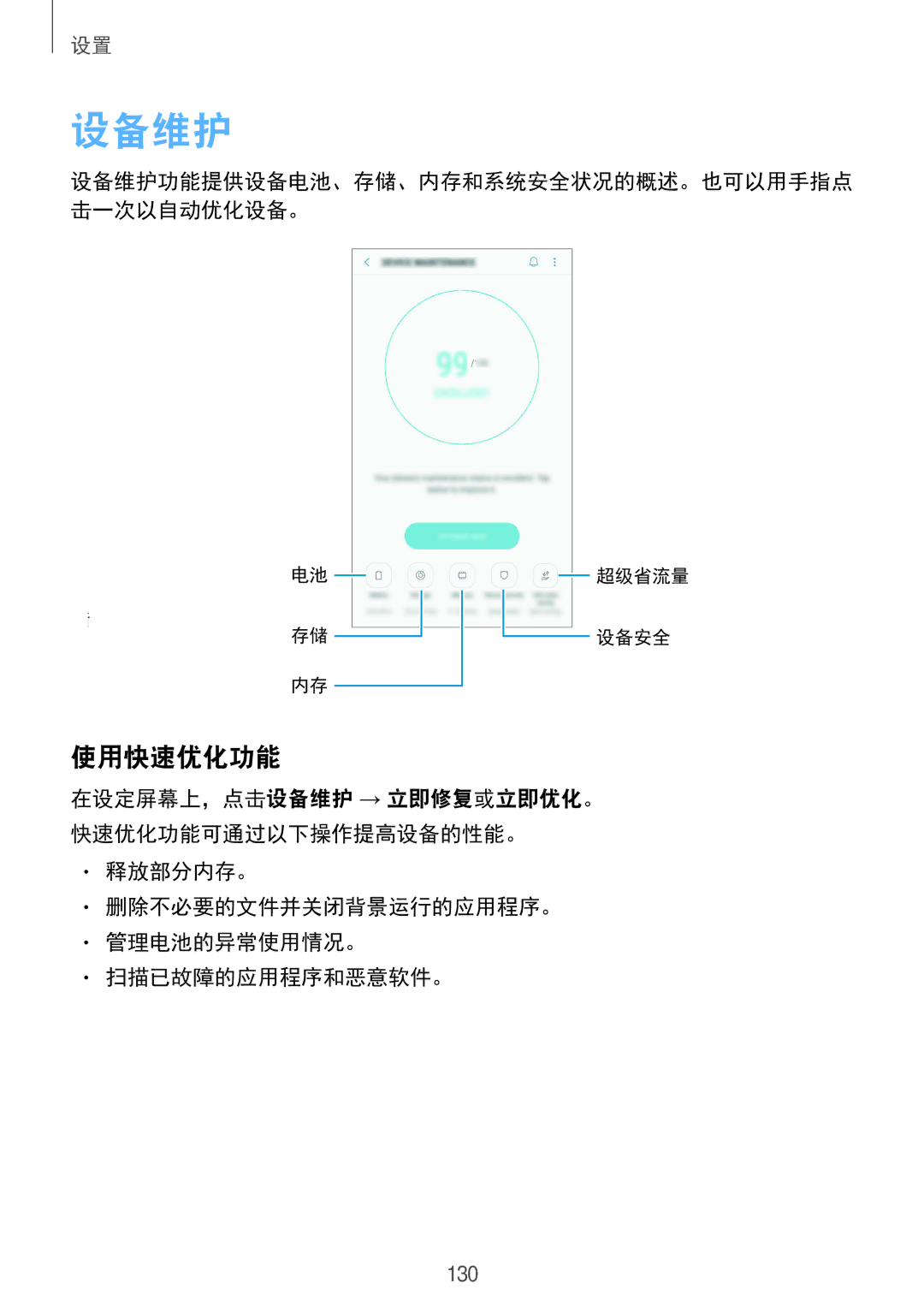Samsung SM-C710FZKDXEV, SM-C710FZKDXXV manual 设备维护, 使用快速优化功能, 释放部分内存。 删除不必要的文件并关闭背景运行的应用程序。 管理电池的异常使用情况。 扫描已故障的应用程序和恶意软件。 