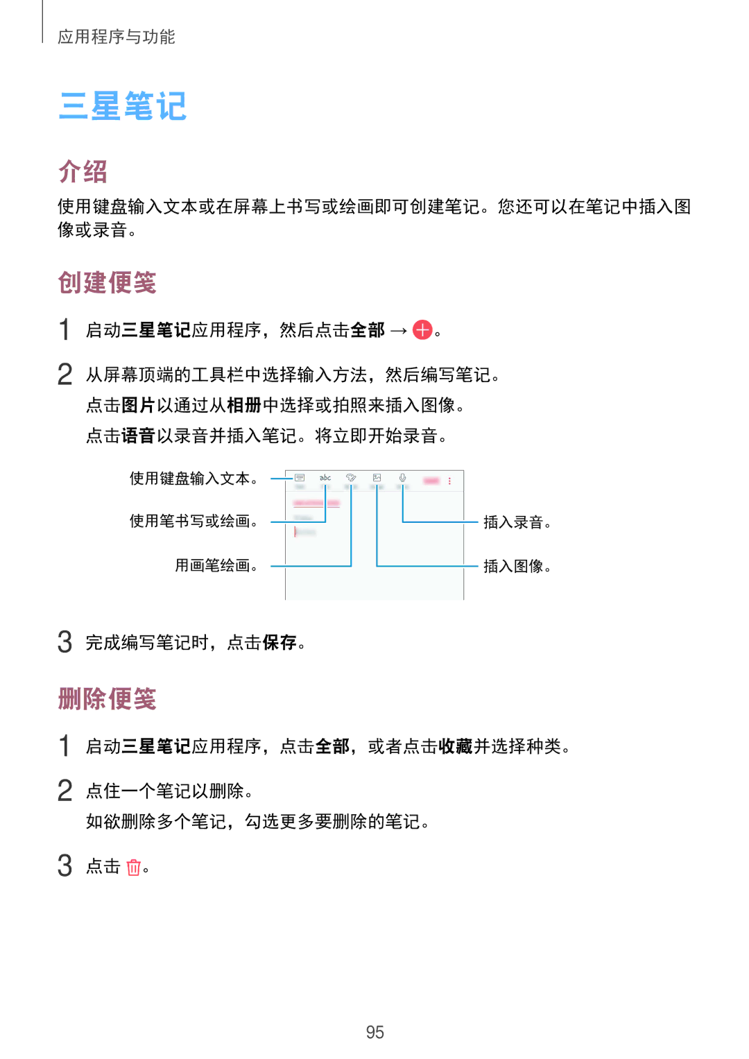 Samsung SM-C710FZDDXXV, SM-C710FZKDXXV, SM-C710FZKDXEV manual 三星笔记, 创建便笺, 删除便笺 