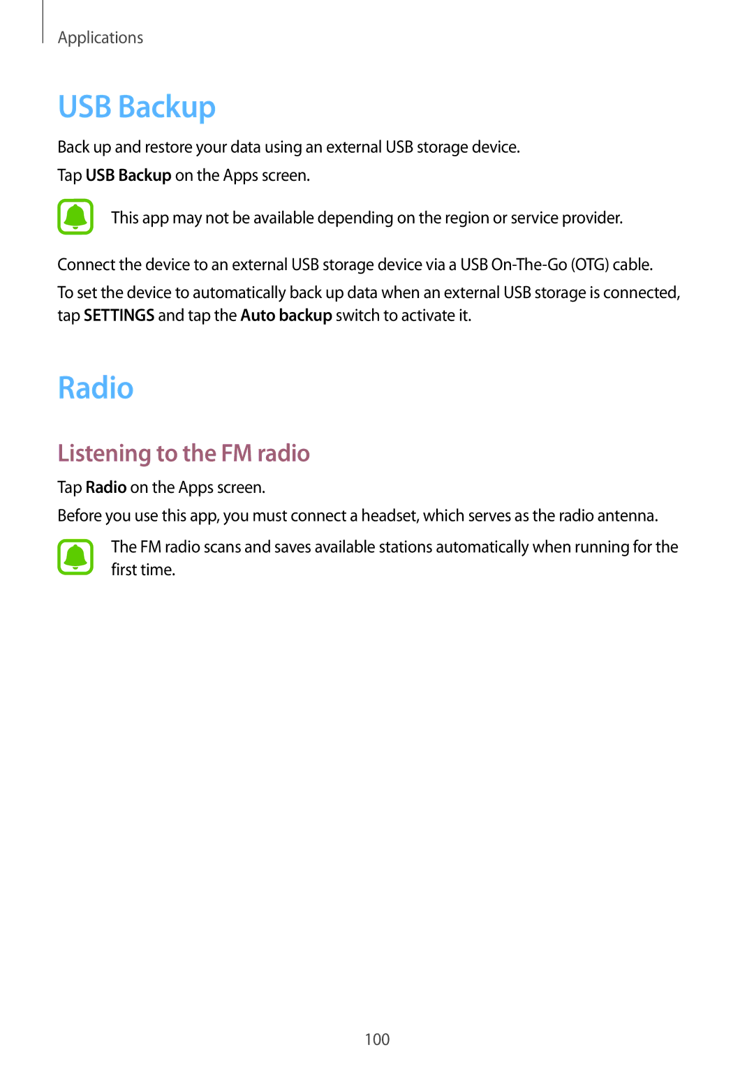 Samsung SM-C900FZDDXEV, SM-C900FZKDXEV manual USB Backup, Radio, Listening to the FM radio 