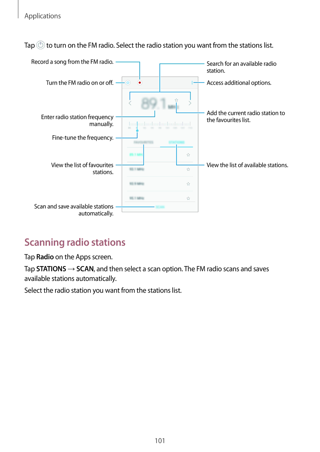 Samsung SM-C900FZKDXEV, SM-C900FZDDXEV manual Scanning radio stations 