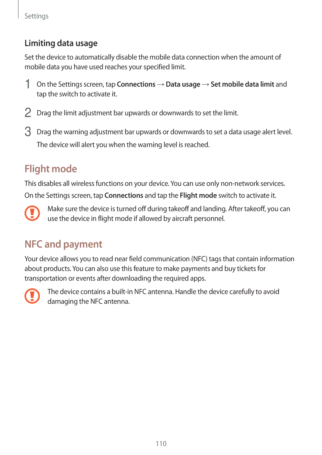 Samsung SM-C900FZDDXEV, SM-C900FZKDXEV manual Flight mode, NFC and payment, Limiting data usage 