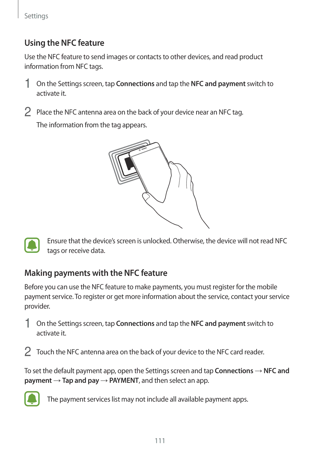 Samsung SM-C900FZKDXEV, SM-C900FZDDXEV manual Using the NFC feature, Making payments with the NFC feature 