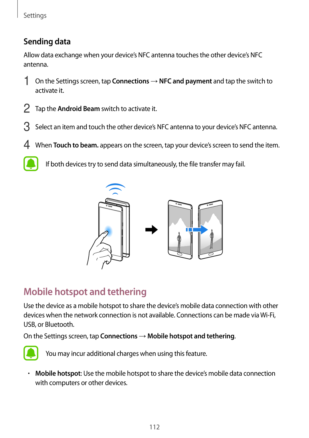 Samsung SM-C900FZDDXEV, SM-C900FZKDXEV manual Mobile hotspot and tethering, Sending data 