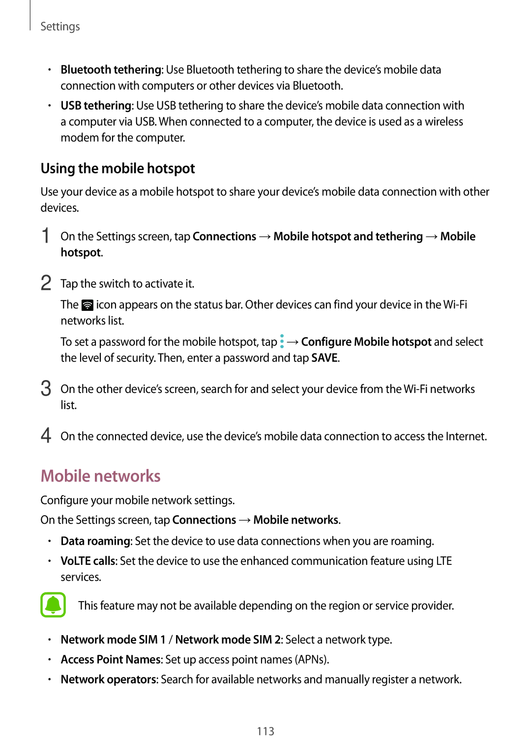 Samsung SM-C900FZKDXEV, SM-C900FZDDXEV manual Mobile networks, Using the mobile hotspot 