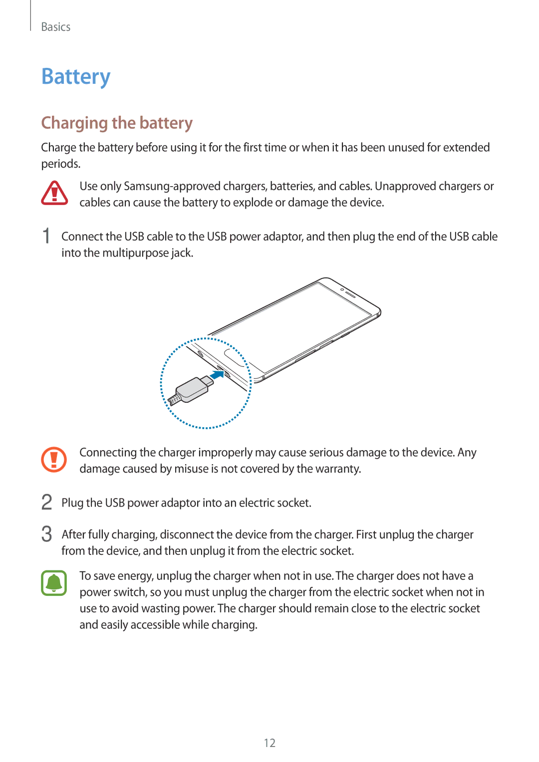 Samsung SM-C900FZDDXEV, SM-C900FZKDXEV manual Battery, Charging the battery 