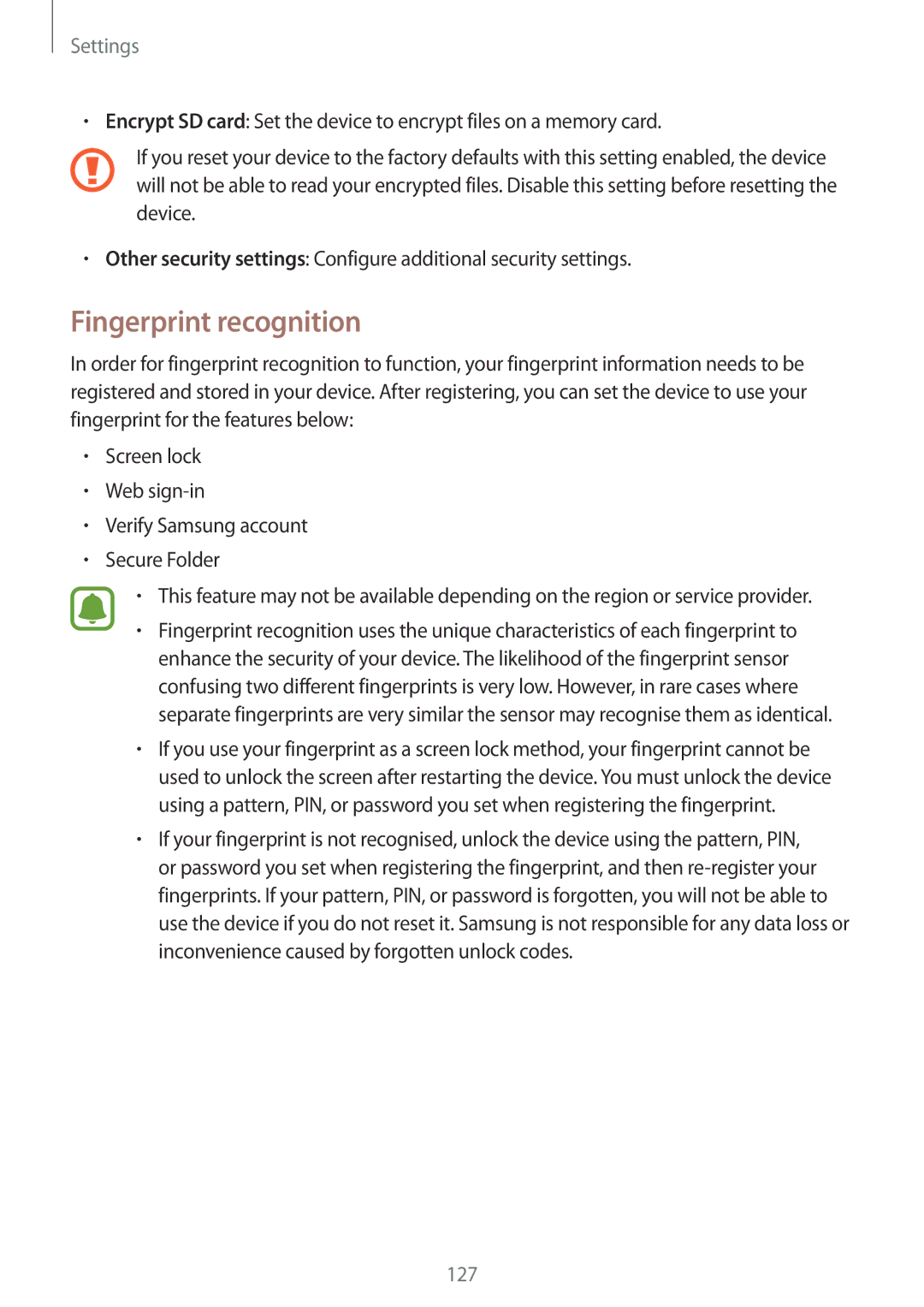 Samsung SM-C900FZKDXEV, SM-C900FZDDXEV manual Fingerprint recognition 