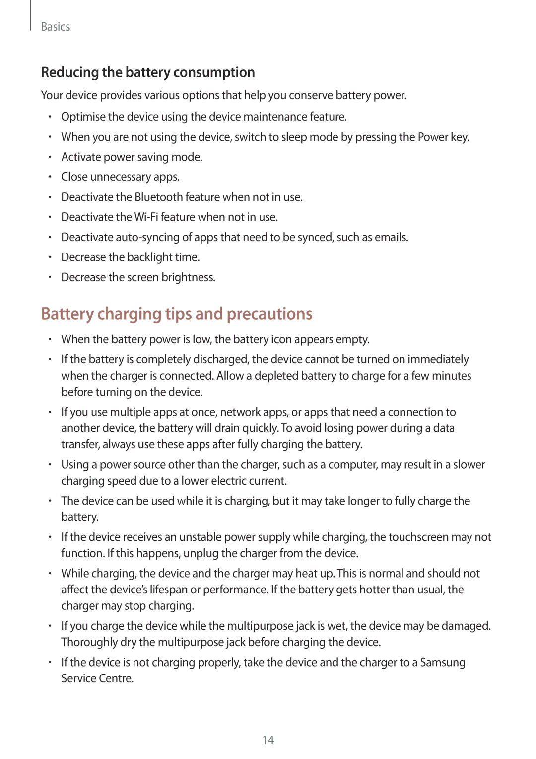 Samsung SM-C900FZDDXEV, SM-C900FZKDXEV manual Battery charging tips and precautions, Reducing the battery consumption 