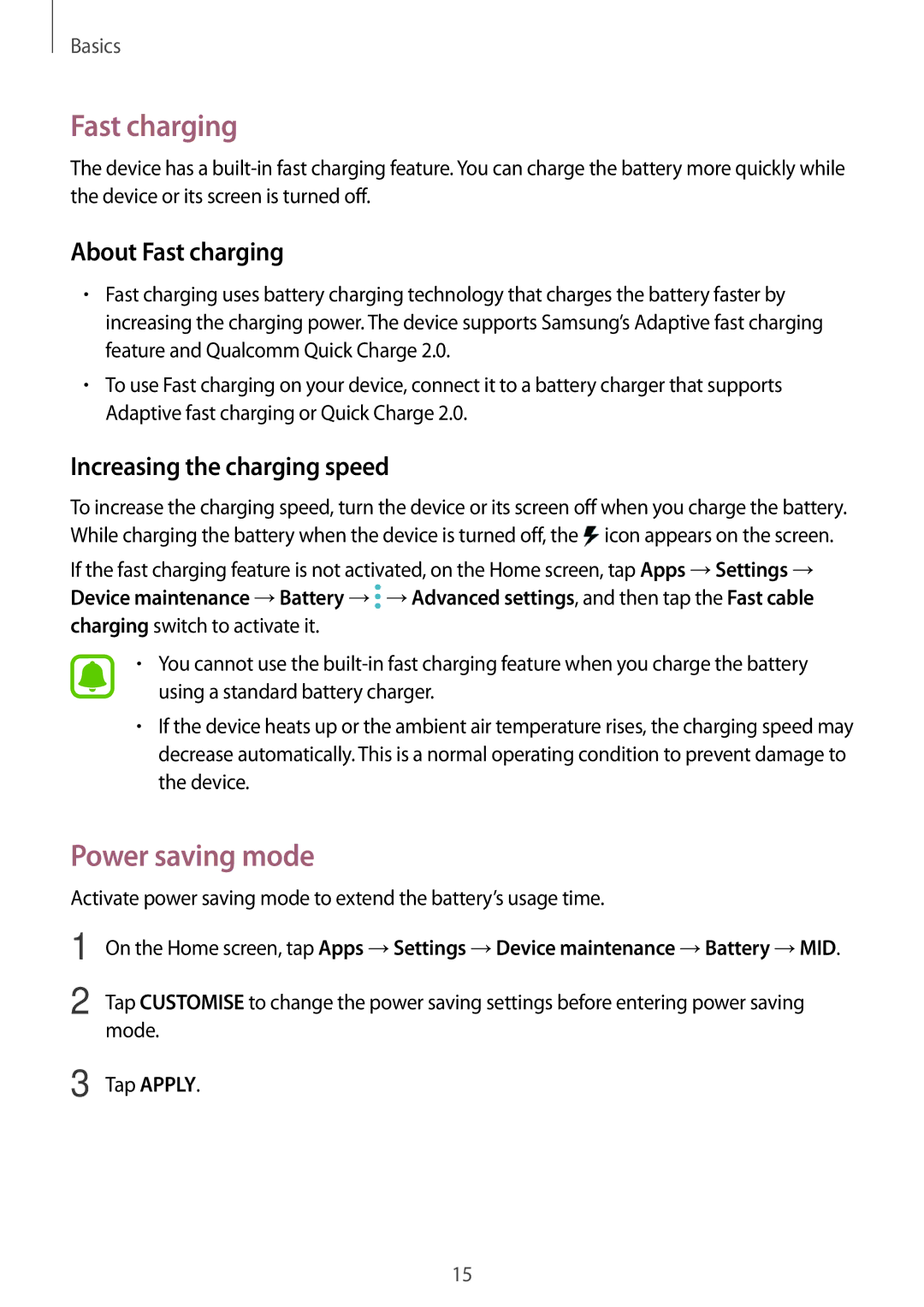 Samsung SM-C900FZKDXEV, SM-C900FZDDXEV manual Power saving mode, About Fast charging, Increasing the charging speed 