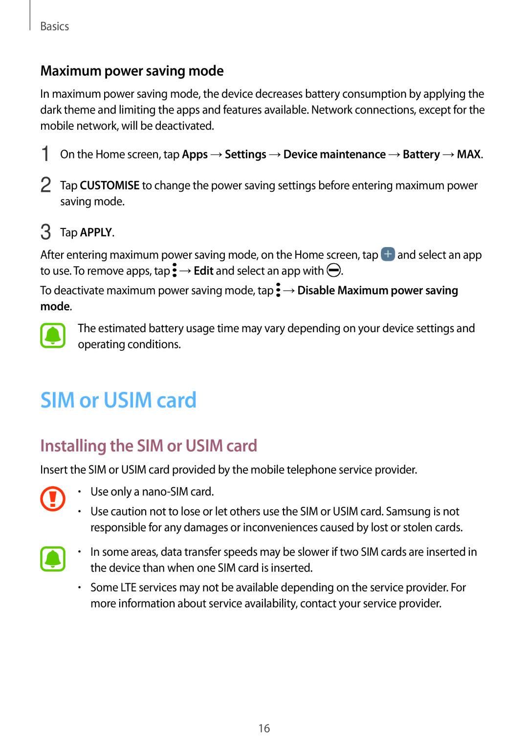 Samsung SM-C900FZDDXEV, SM-C900FZKDXEV manual Installing the SIM or Usim card, Maximum power saving mode, Mode 