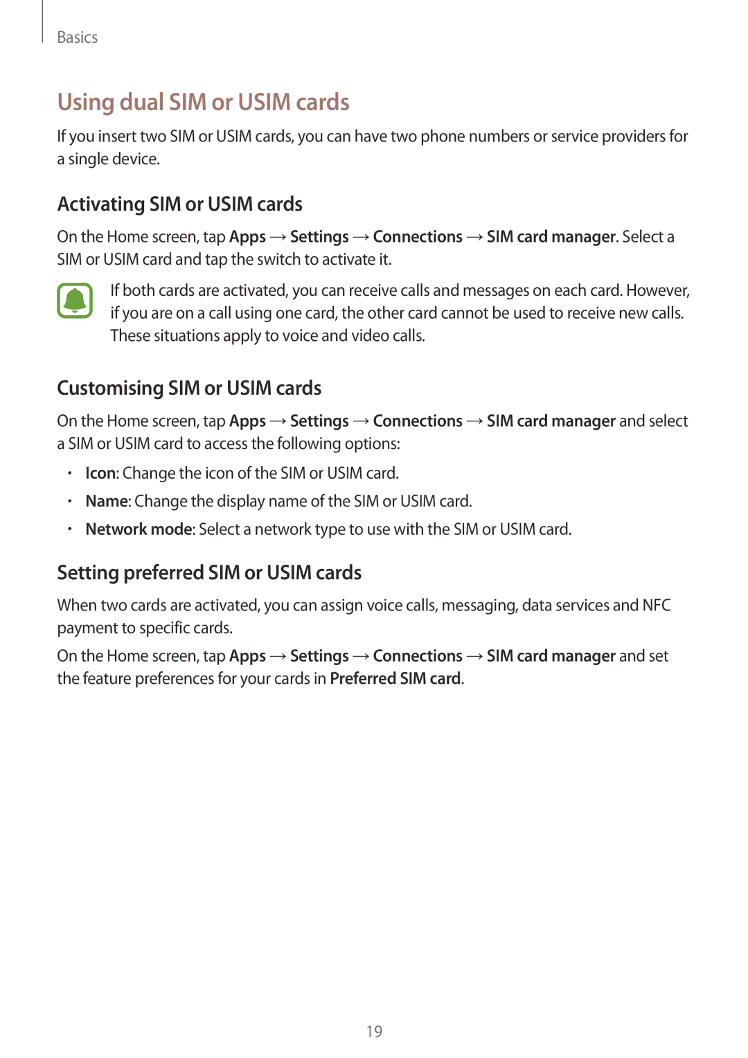 Samsung SM-C900FZKDXEV manual Using dual SIM or Usim cards, Activating SIM or Usim cards, Customising SIM or Usim cards 