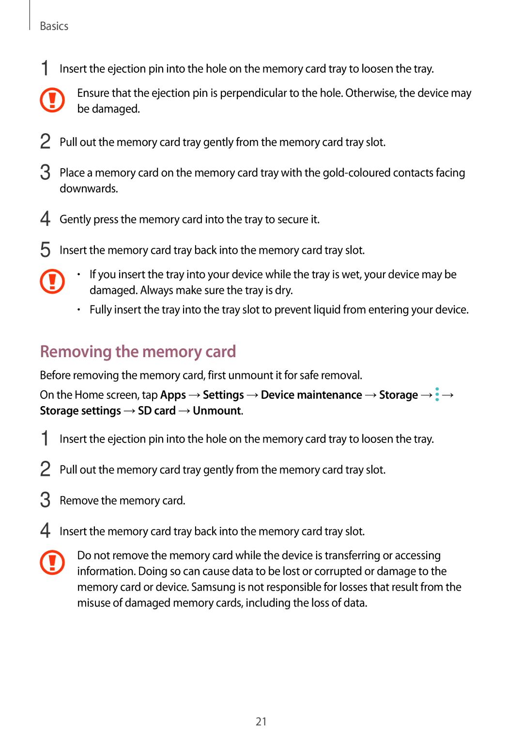 Samsung SM-C900FZKDXEV, SM-C900FZDDXEV manual Removing the memory card 