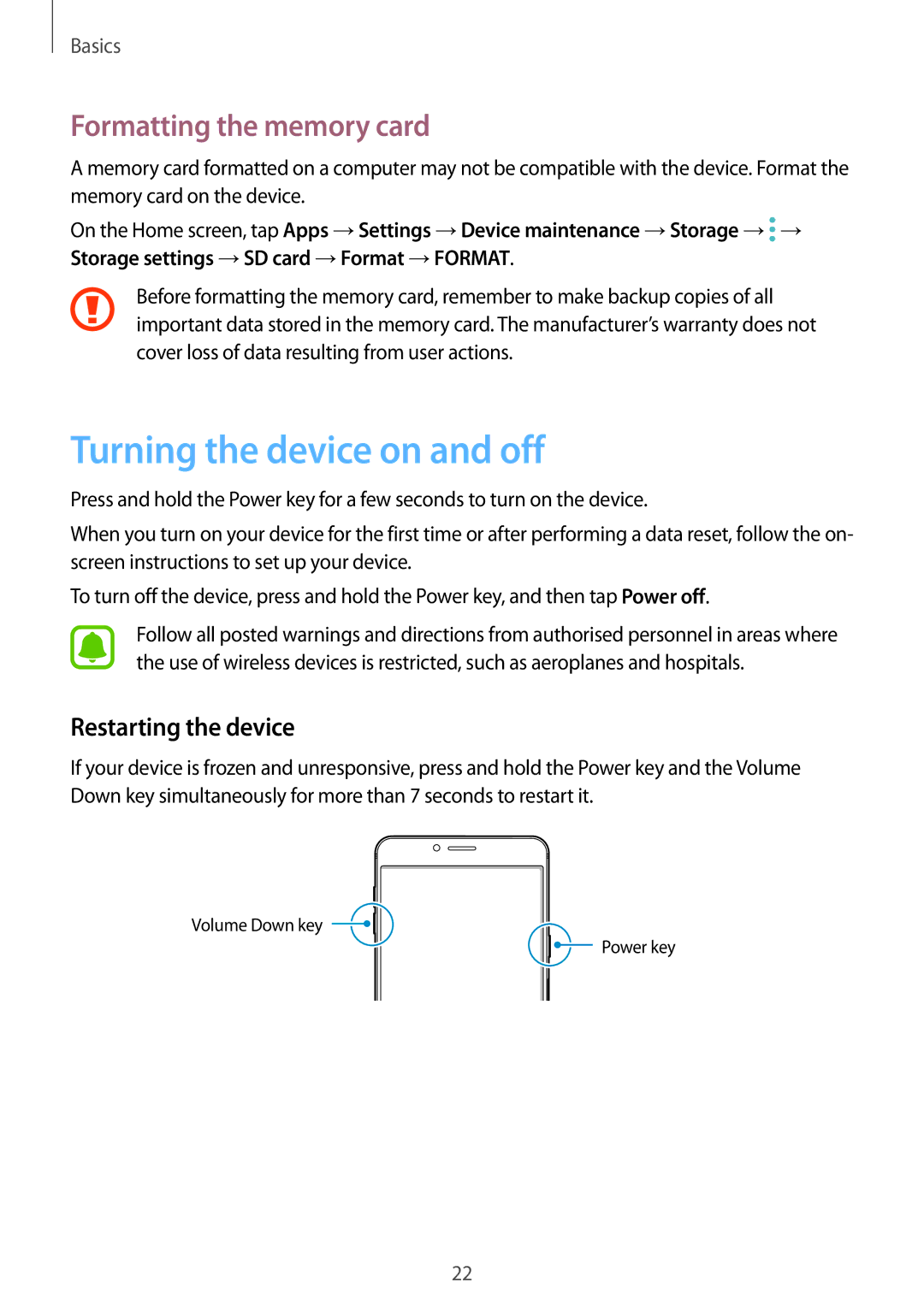 Samsung SM-C900FZDDXEV, SM-C900FZKDXEV Turning the device on and off, Formatting the memory card, Restarting the device 