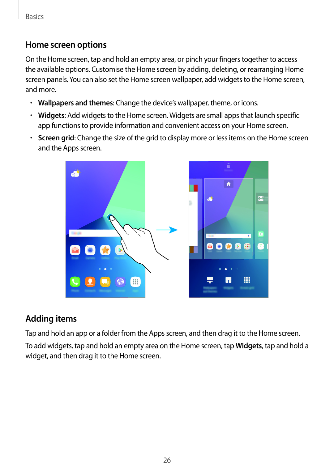 Samsung SM-C900FZDDXEV, SM-C900FZKDXEV manual Home screen options, Adding items 