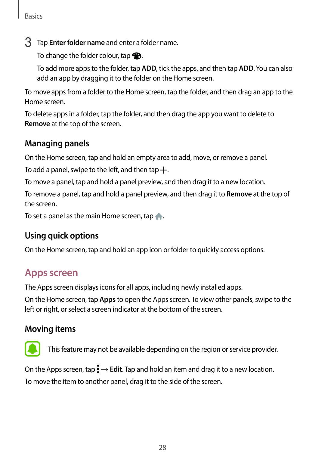 Samsung SM-C900FZDDXEV, SM-C900FZKDXEV manual Apps screen, Managing panels, Using quick options 