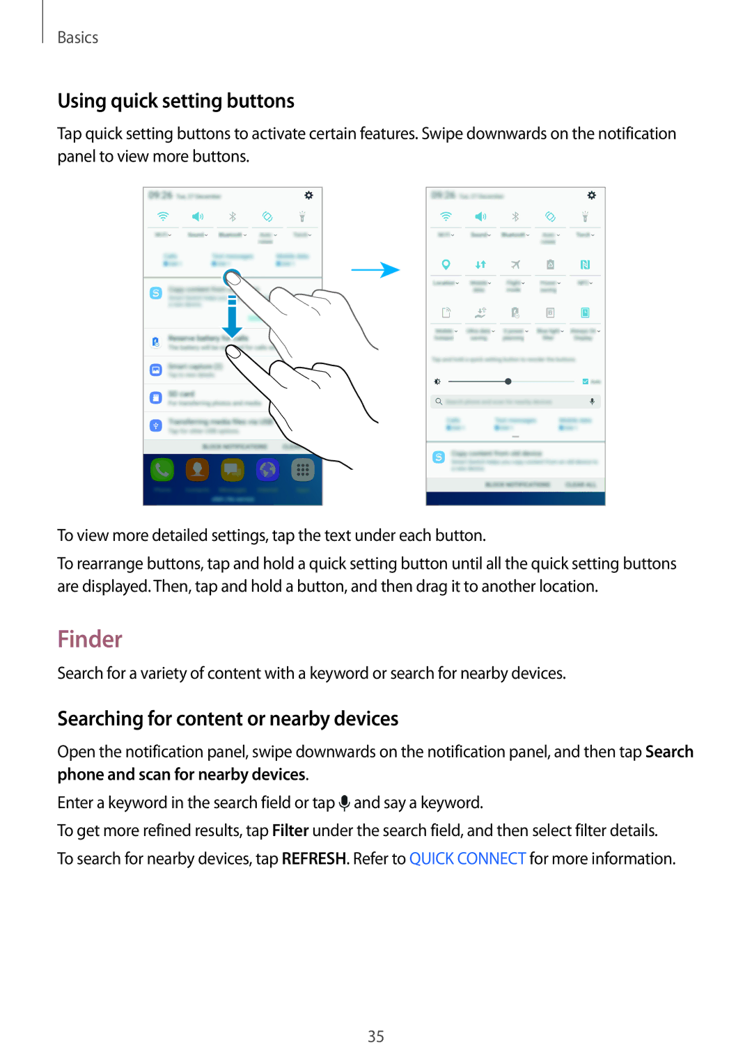 Samsung SM-C900FZKDXEV, SM-C900FZDDXEV manual Finder, Using quick setting buttons, Searching for content or nearby devices 