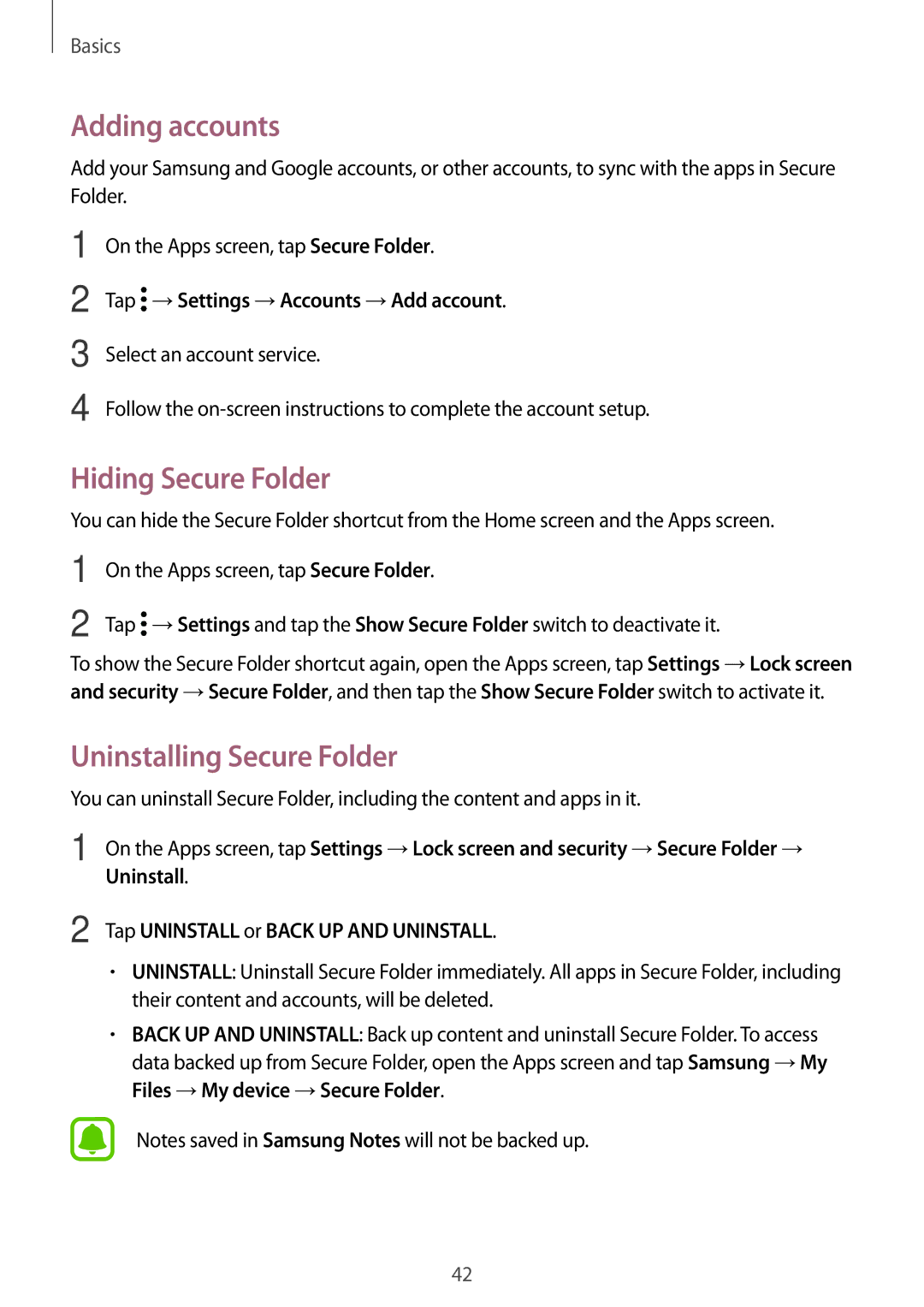 Samsung SM-C900FZDDXEV, SM-C900FZKDXEV manual Adding accounts, Hiding Secure Folder, Uninstalling Secure Folder 