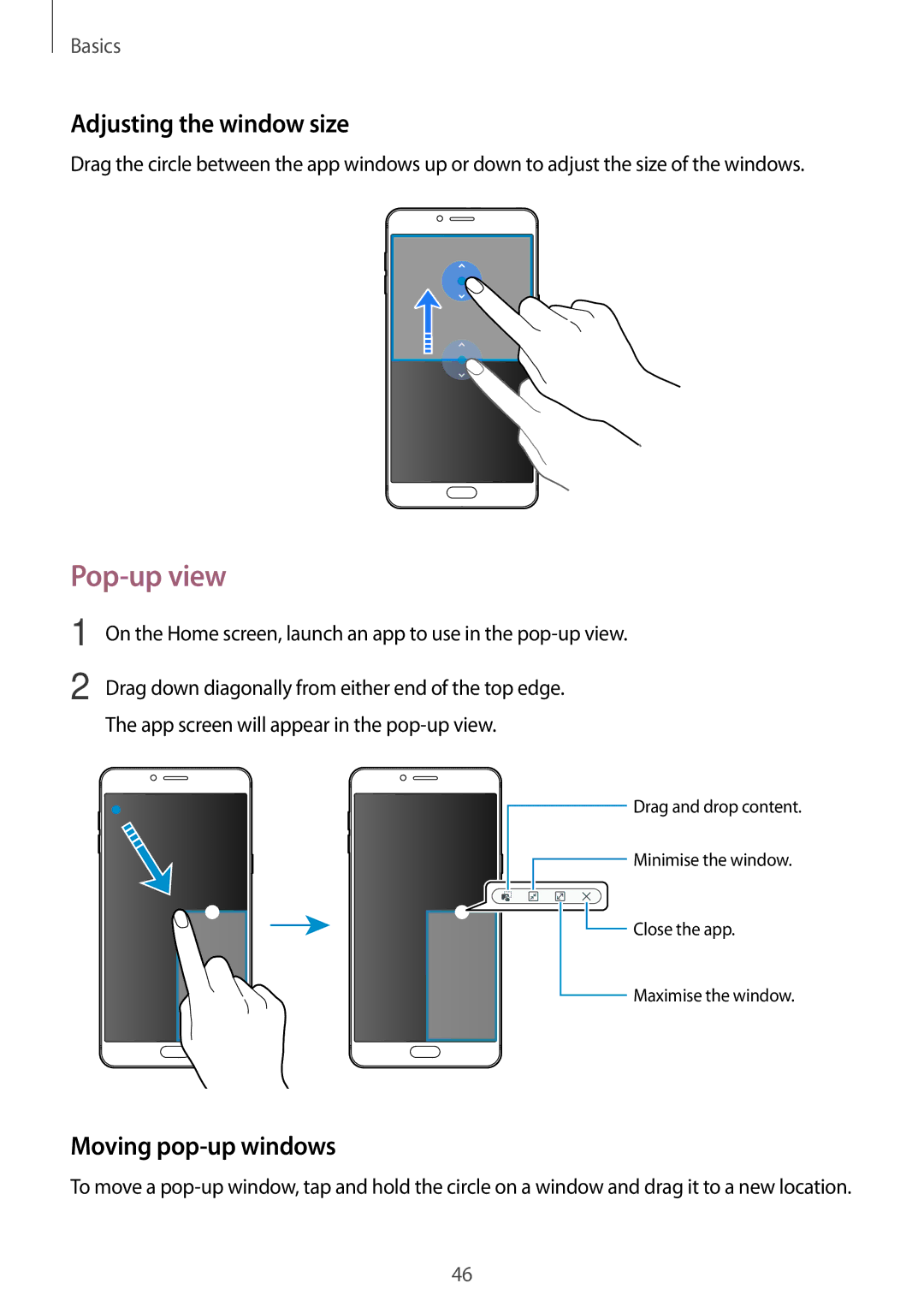 Samsung SM-C900FZDDXEV, SM-C900FZKDXEV manual Pop-up view, Adjusting the window size, Moving pop-up windows 