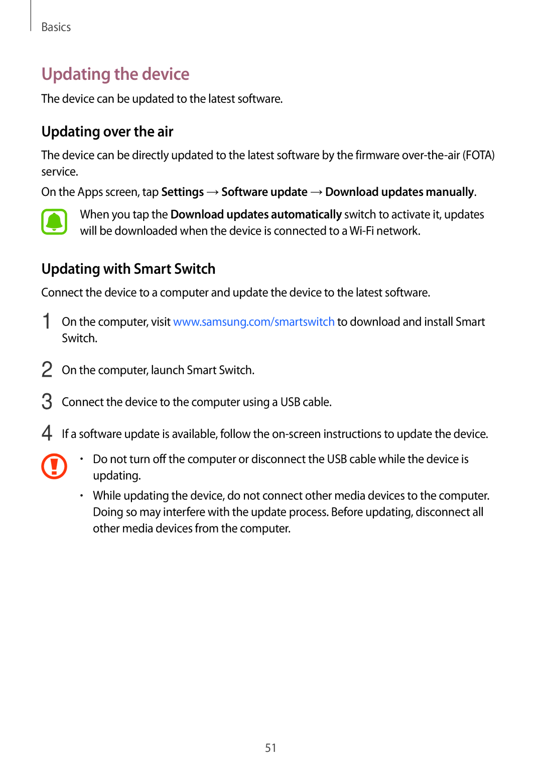 Samsung SM-C900FZKDXEV, SM-C900FZDDXEV manual Updating the device, Updating over the air, Updating with Smart Switch 