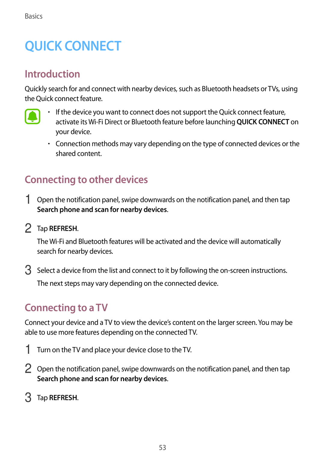 Samsung SM-C900FZKDXEV, SM-C900FZDDXEV manual Connecting to other devices, Connecting to a TV, Tap Refresh 