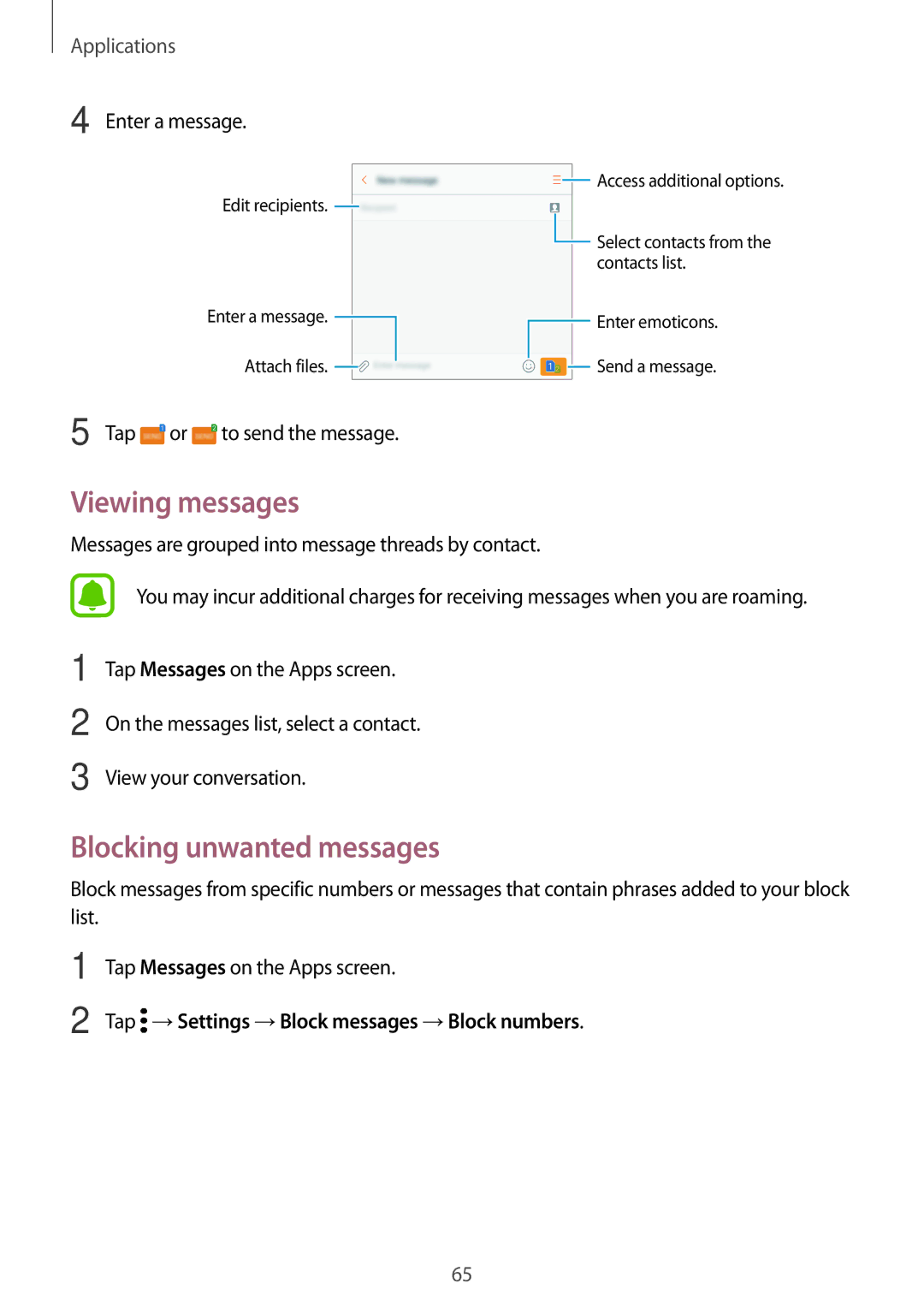 Samsung SM-C900FZKDXEV manual Viewing messages, Blocking unwanted messages, Tap →Settings →Block messages →Block numbers 