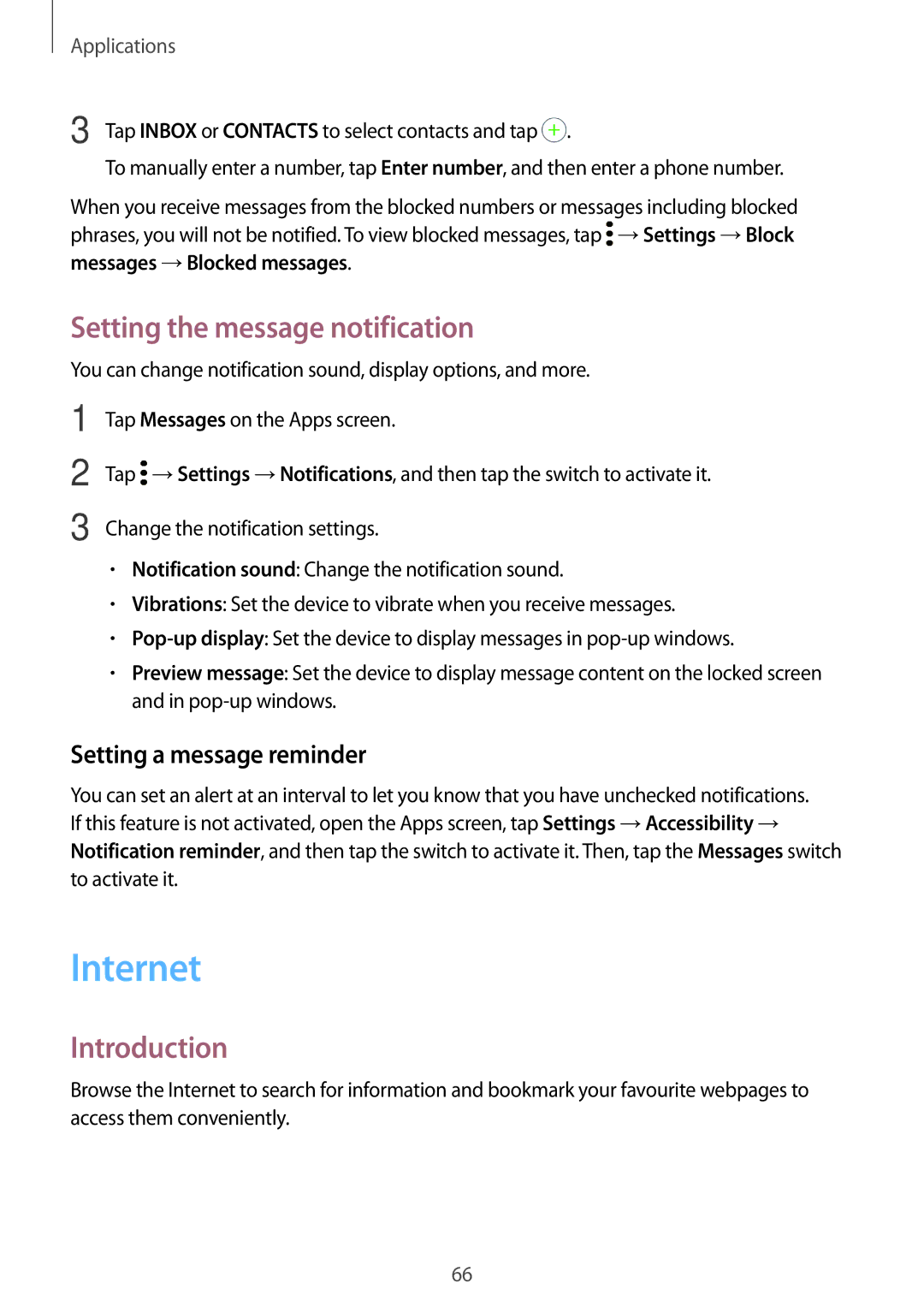 Samsung SM-C900FZDDXEV, SM-C900FZKDXEV manual Internet, Setting the message notification, Setting a message reminder 