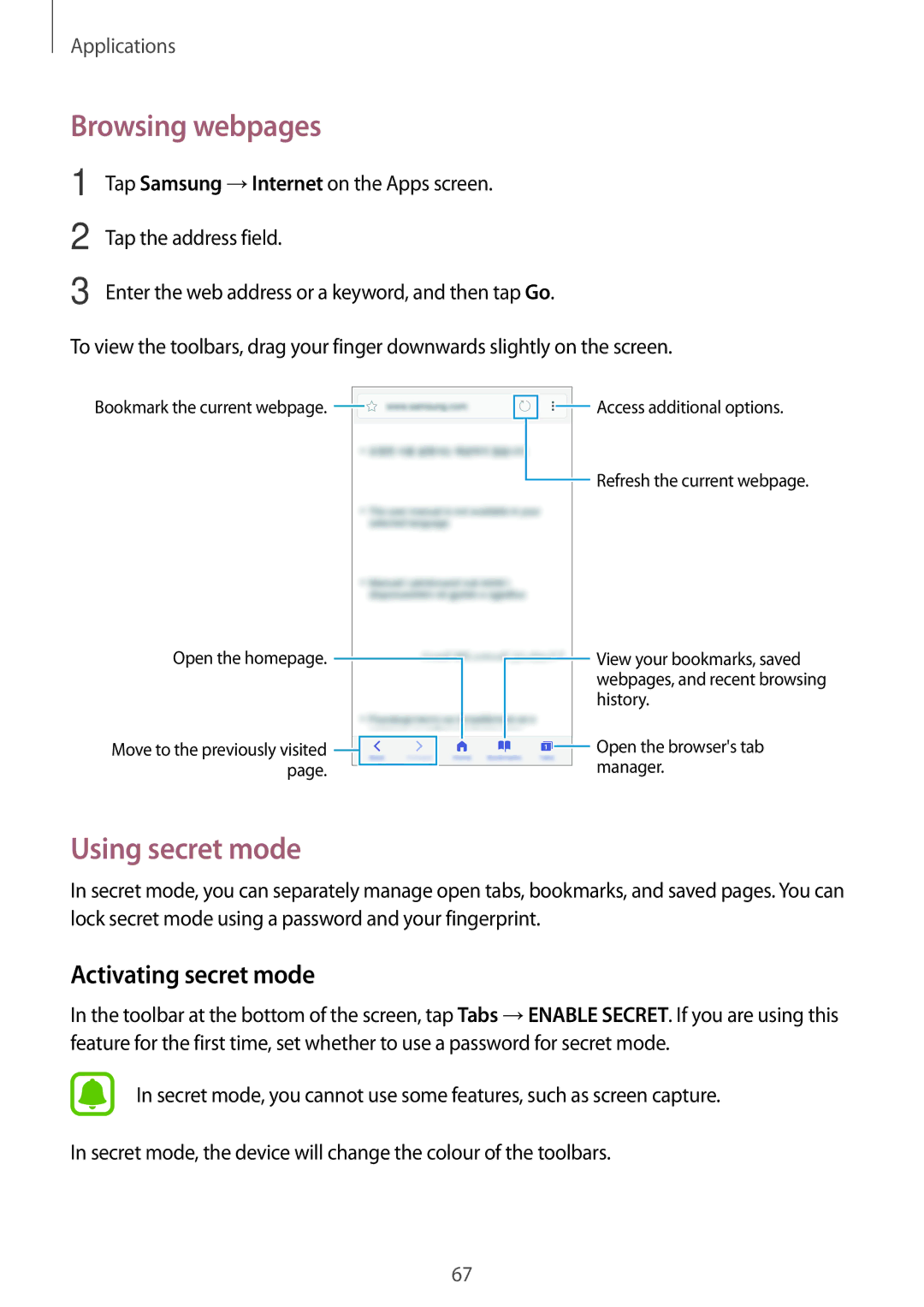 Samsung SM-C900FZKDXEV, SM-C900FZDDXEV manual Browsing webpages, Using secret mode, Activating secret mode 