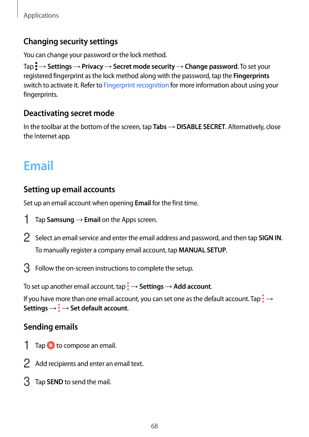 Samsung SM-C900FZDDXEV Changing security settings, Deactivating secret mode, Setting up email accounts, Sending emails 