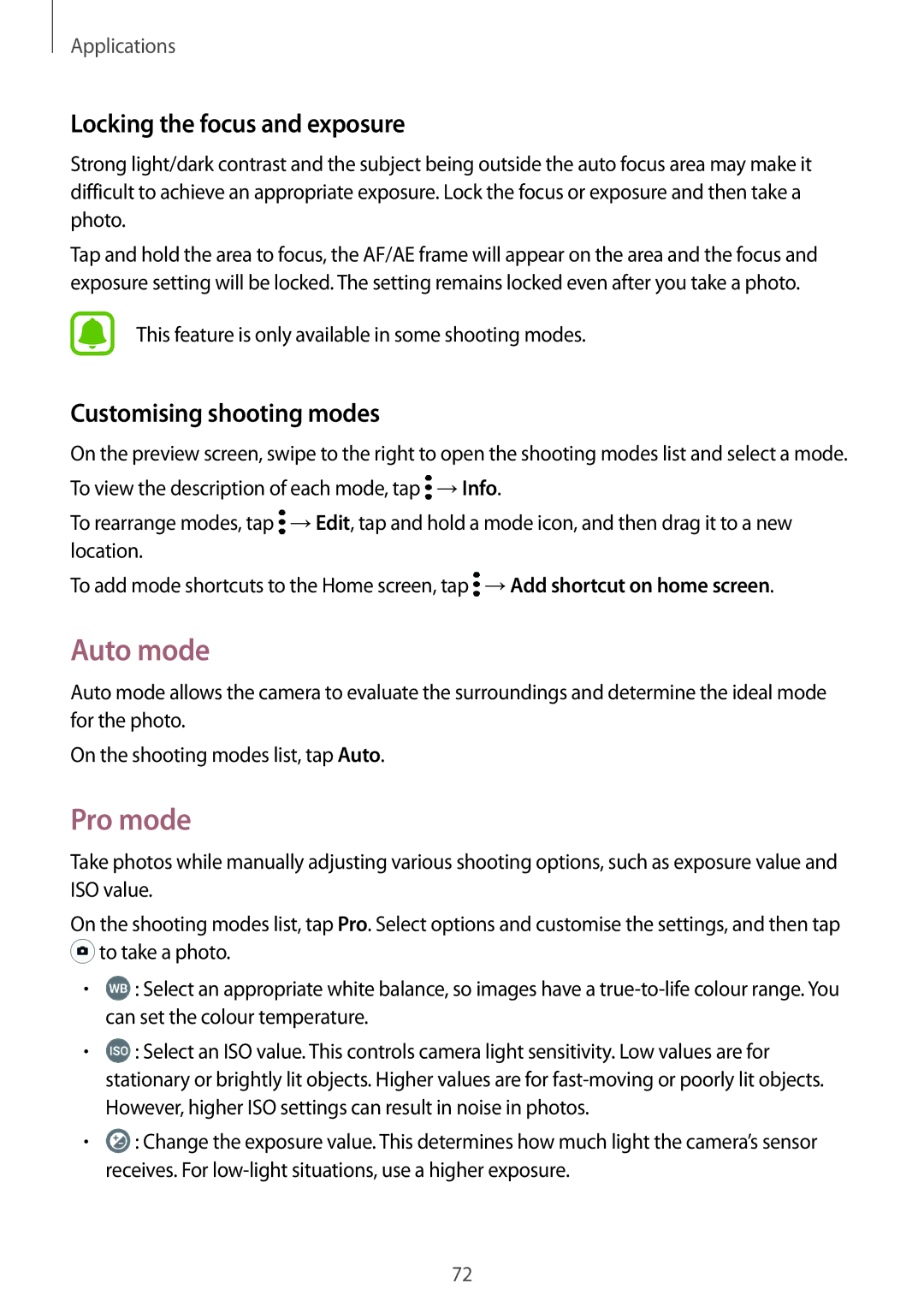 Samsung SM-C900FZDDXEV, SM-C900FZKDXEV Auto mode, Pro mode, Locking the focus and exposure, Customising shooting modes 