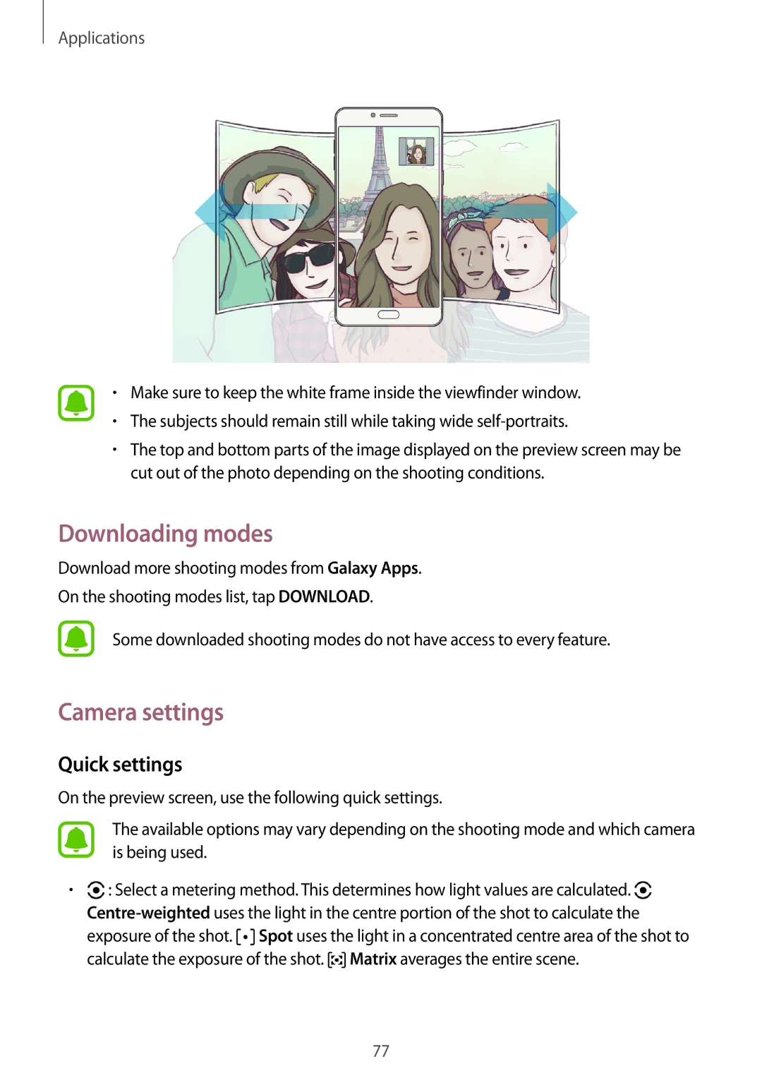 Samsung SM-C900FZKDXEV, SM-C900FZDDXEV manual Downloading modes, Camera settings, Quick settings 