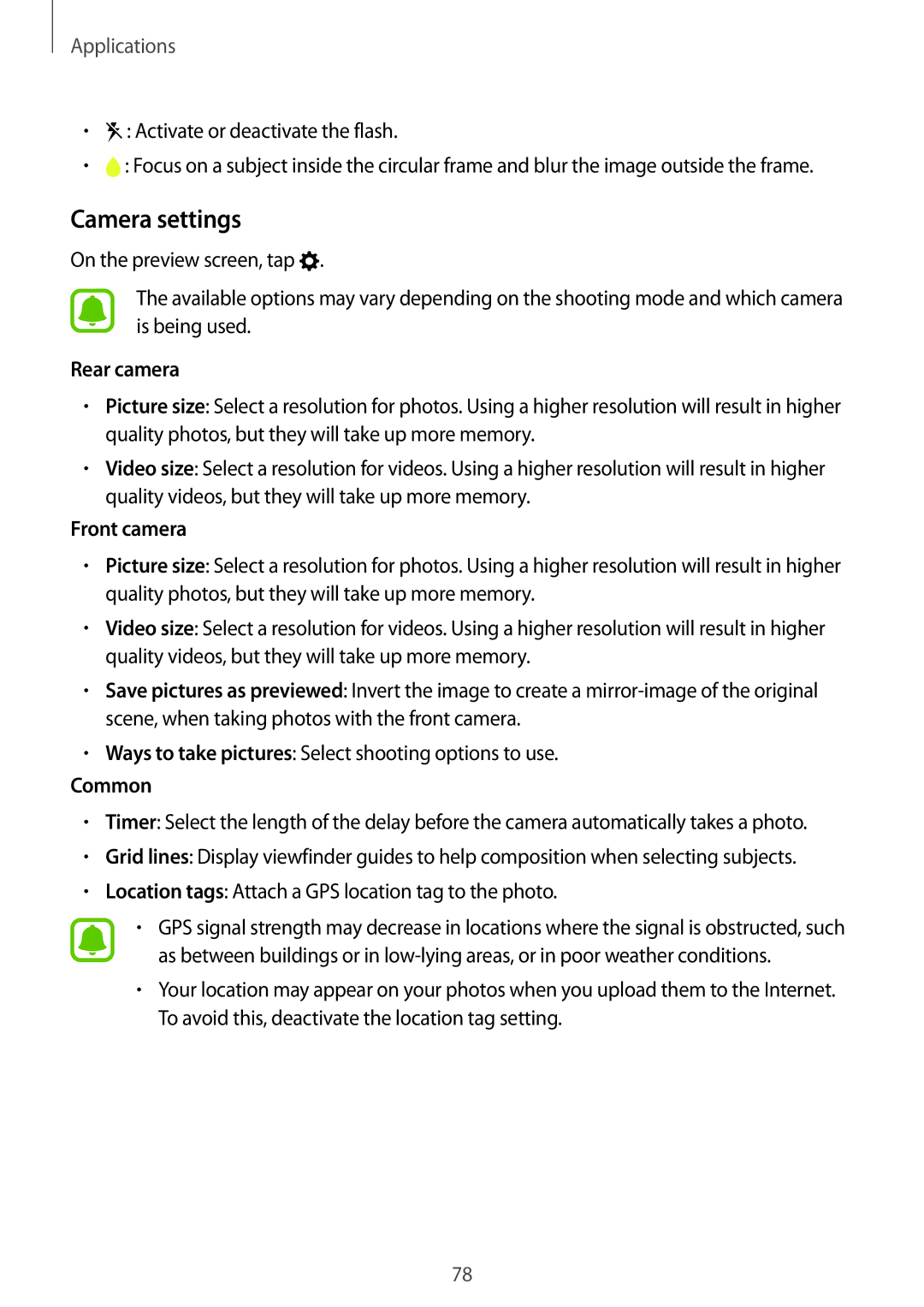 Samsung SM-C900FZDDXEV, SM-C900FZKDXEV manual Camera settings, Rear camera, Front camera, Common 