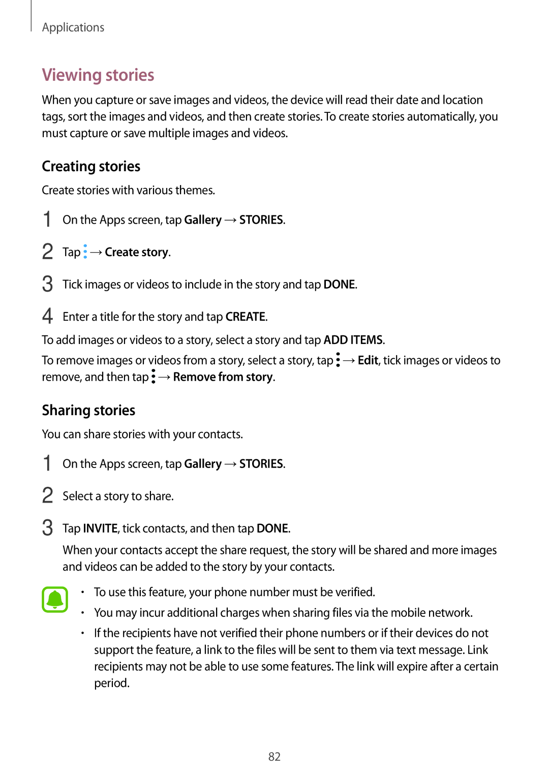 Samsung SM-C900FZDDXEV, SM-C900FZKDXEV manual Viewing stories, Creating stories, Sharing stories, Tap →Create story 