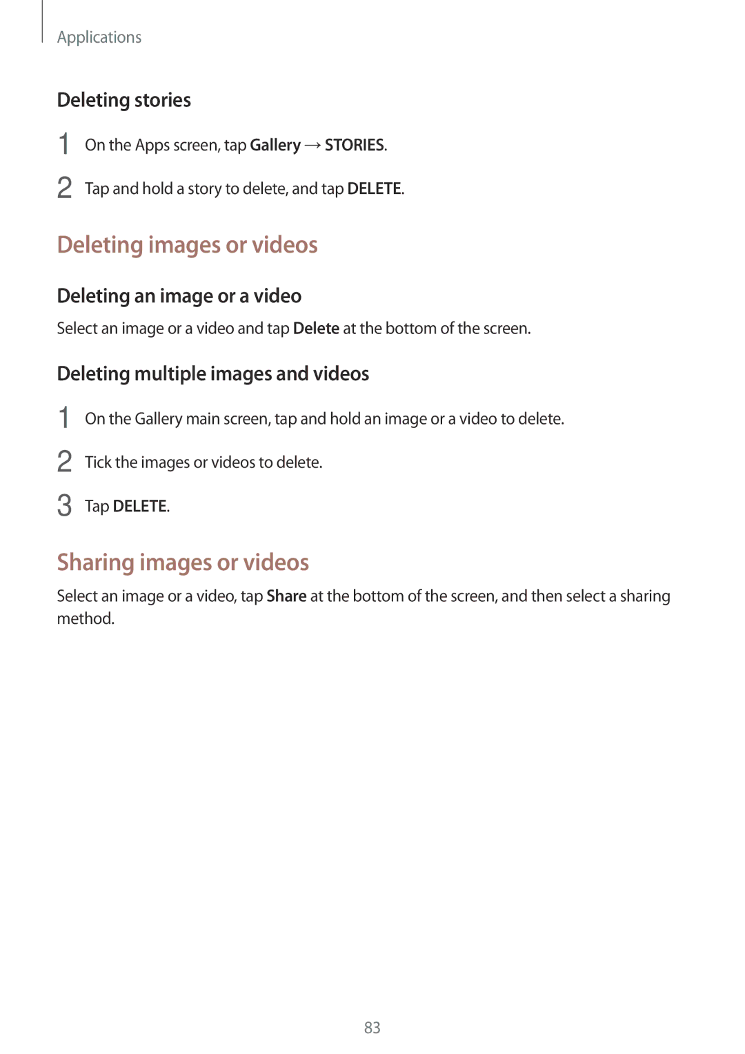 Samsung SM-C900FZKDXEV Deleting images or videos, Sharing images or videos, Deleting stories, Deleting an image or a video 
