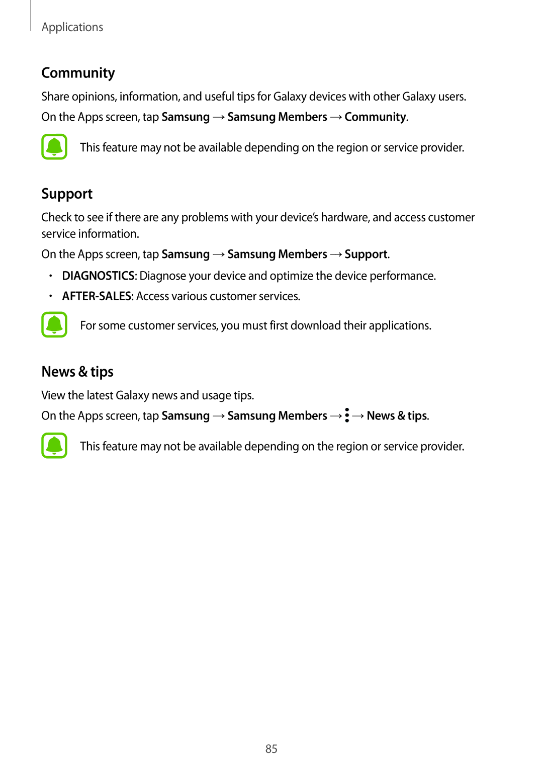 Samsung SM-C900FZKDXEV manual Community, News & tips, On the Apps screen, tap Samsung →Samsung Members →Support 