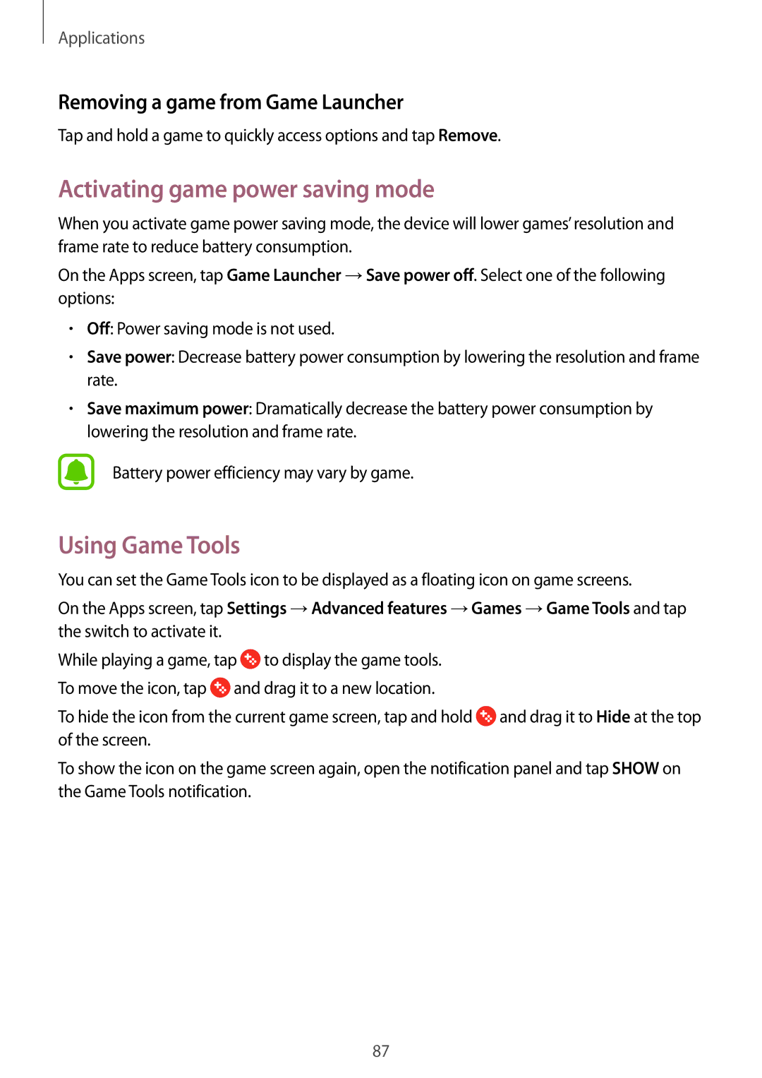 Samsung SM-C900FZKDXEV manual Activating game power saving mode, Using Game Tools, Removing a game from Game Launcher 