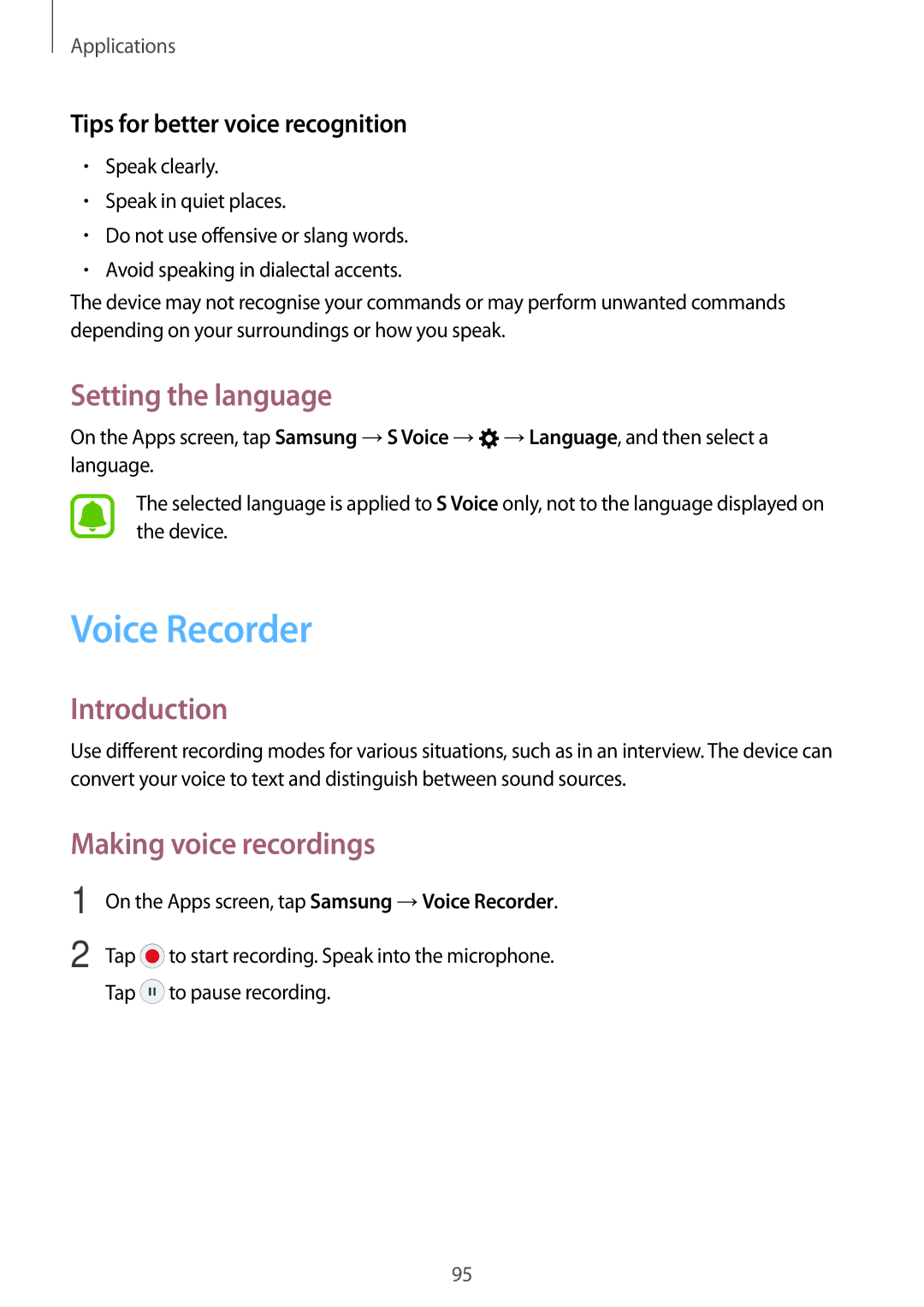 Samsung SM-C900FZKDXEV Voice Recorder, Setting the language, Making voice recordings, Tips for better voice recognition 