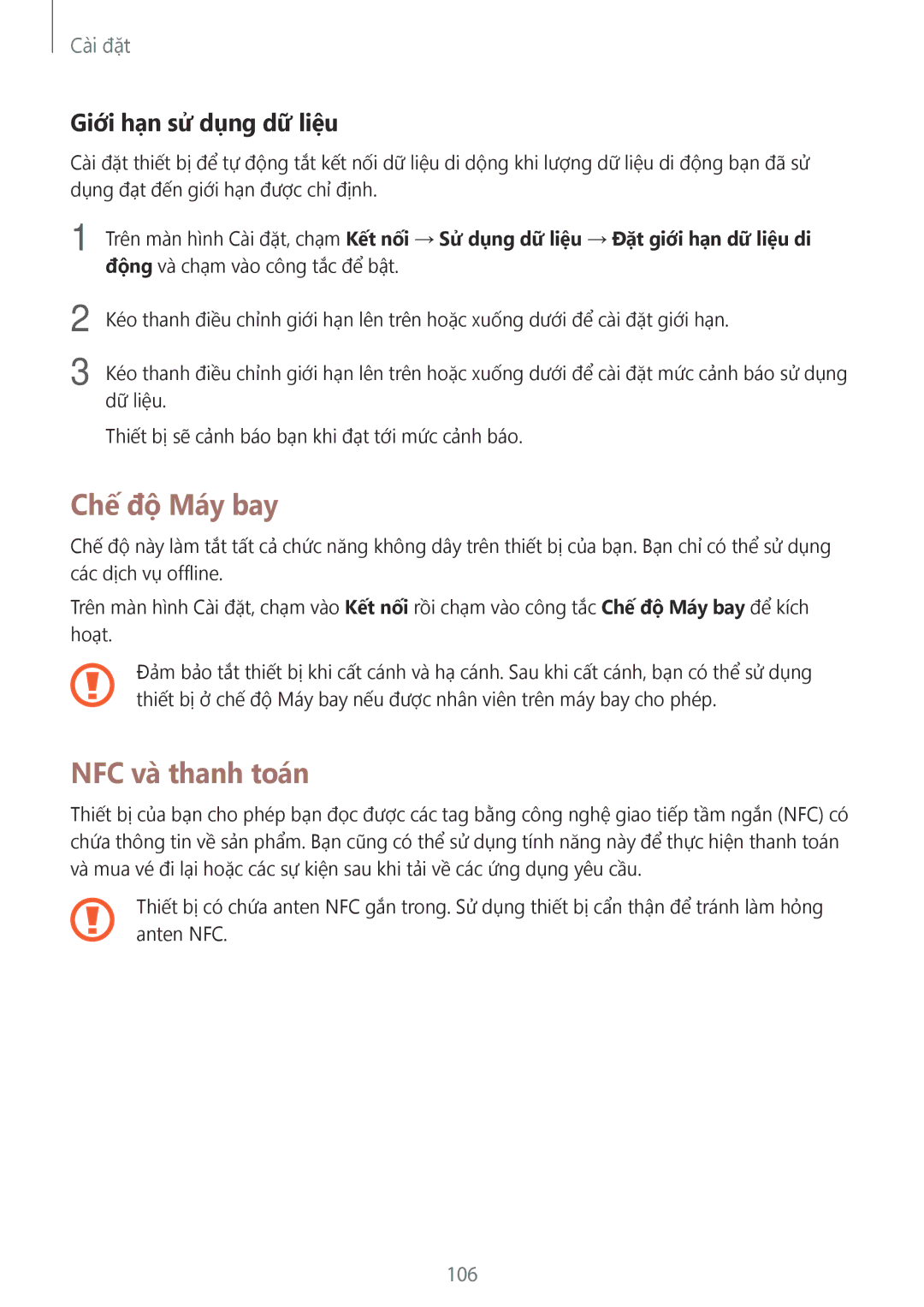 Samsung SM-C900FZDDXEV, SM-C900FZKDXEV manual Chế độ Máy bay, NFC và thanh toán, Giới hạn sử dụng dữ liệu 
