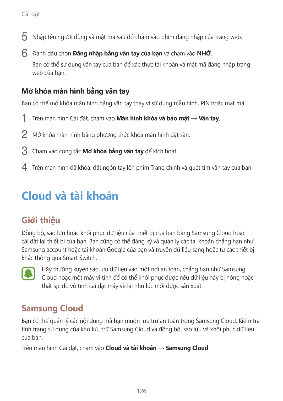 Samsung SM-C900FZDDXEV, SM-C900FZKDXEV manual Cloud và tài khoản, Samsung Cloud, Mở khóa màn hình bằng vân tay 