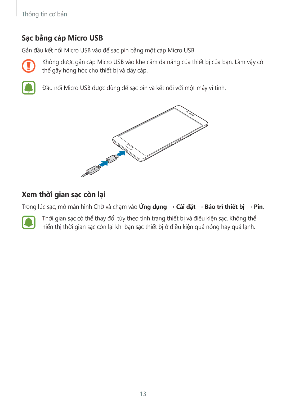 Samsung SM-C900FZKDXEV, SM-C900FZDDXEV manual Sạc bằng cáp Micro USB, Xem thời gian sạc còn lại 