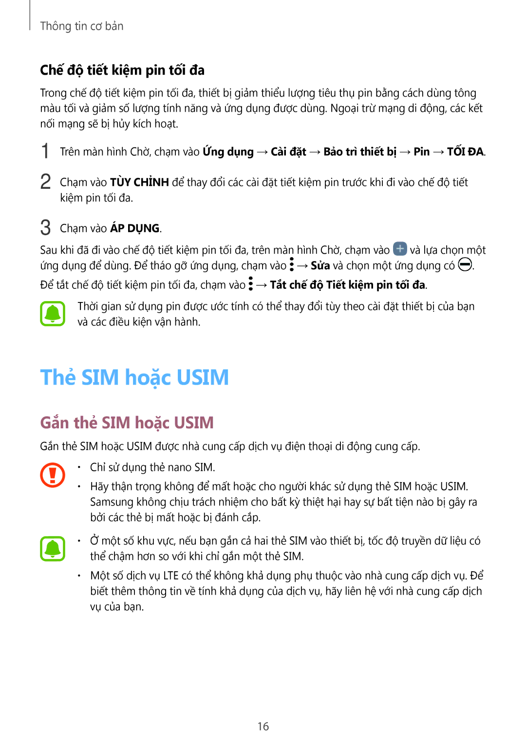 Samsung SM-C900FZDDXEV, SM-C900FZKDXEV manual Thẻ SIM hoặc Usim, Gắn thẻ SIM hoặc Usim, Chế độ tiết kiệm pin tối đa 