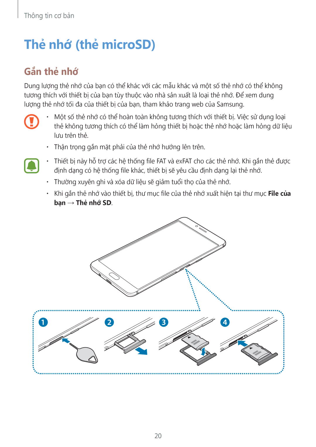 Samsung SM-C900FZDDXEV, SM-C900FZKDXEV manual Thẻ nhớ thẻ microSD, Gắn thẻ nhớ 