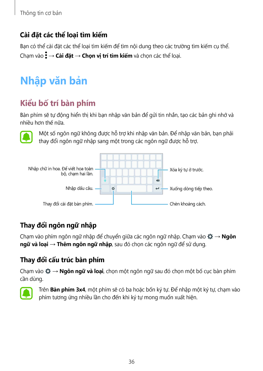 Samsung SM-C900FZDDXEV manual Nhập văn bản, Kiểu bố trí bàn phím, Cài đặt các thể loại tìm kiếm, Thay đổi ngôn ngữ nhập 