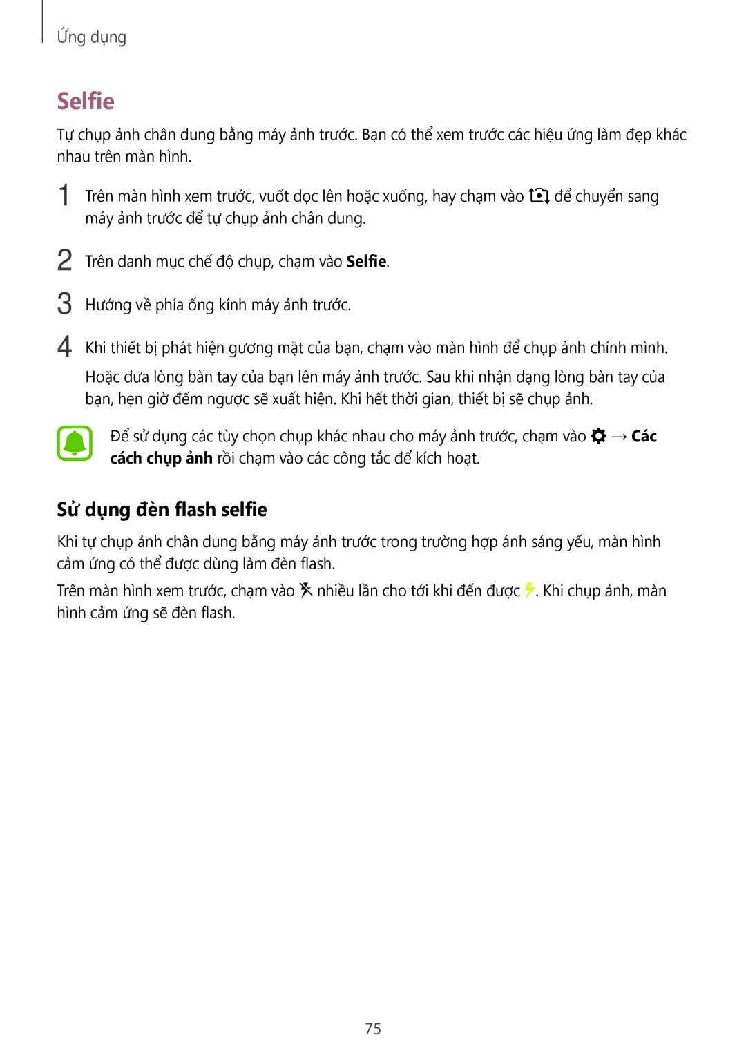 Samsung SM-C900FZKDXEV, SM-C900FZDDXEV manual Selfie, Sử dụng đèn flash selfie 