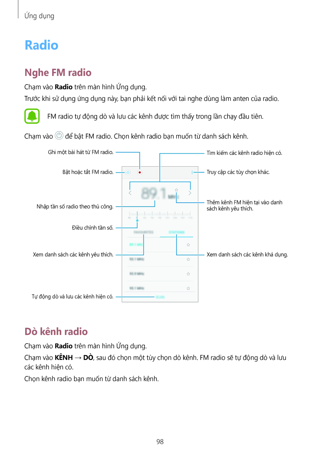 Samsung SM-C900FZDDXEV, SM-C900FZKDXEV manual Radio, Nghe FM radio, Dò kênh radio 