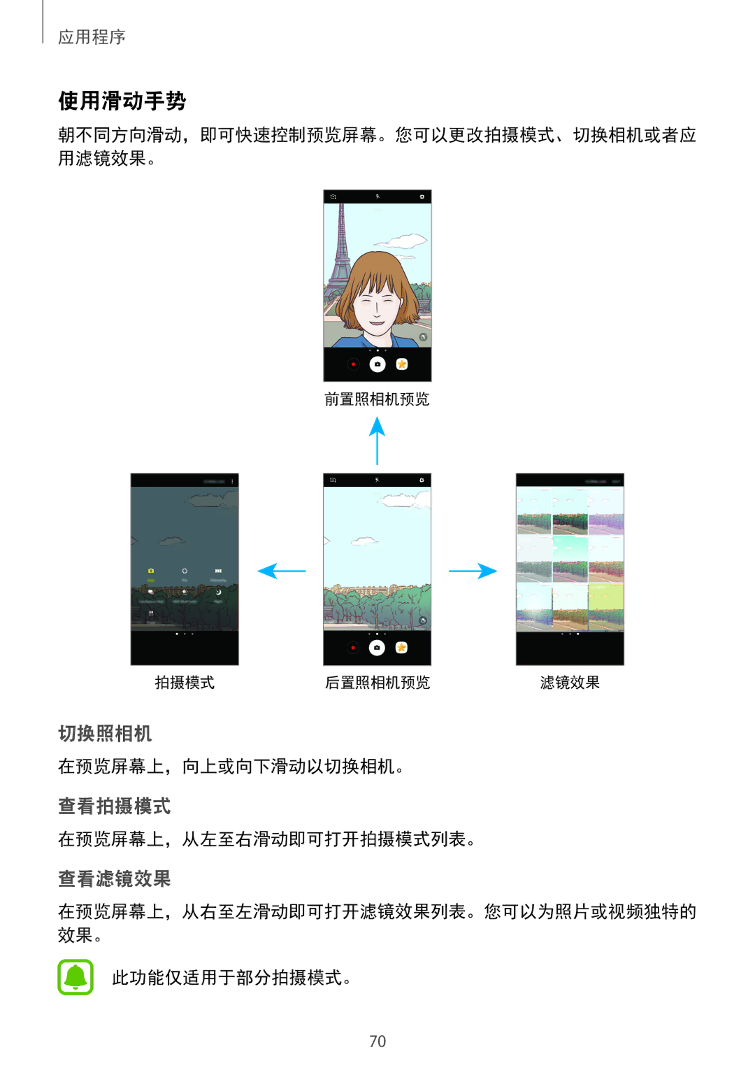 Samsung SM-C900FZDDXEV, SM-C900FZKDXEV manual 使用滑动手势, 在预览屏幕上，向上或向下滑动以切换相机。, 在预览屏幕上，从左至右滑动即可打开拍摄模式列表。, 此功能仅适用于部分拍摄模式。 