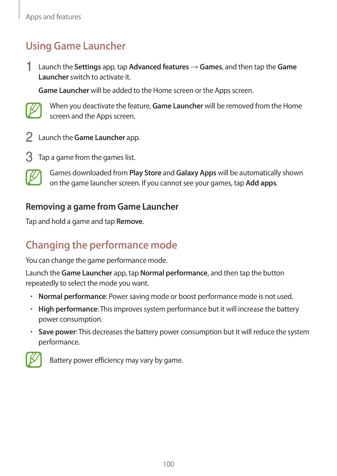 Samsung SM-C900FZDDXEV manual Using Game Launcher, Changing the performance mode, Removing a game from Game Launcher 