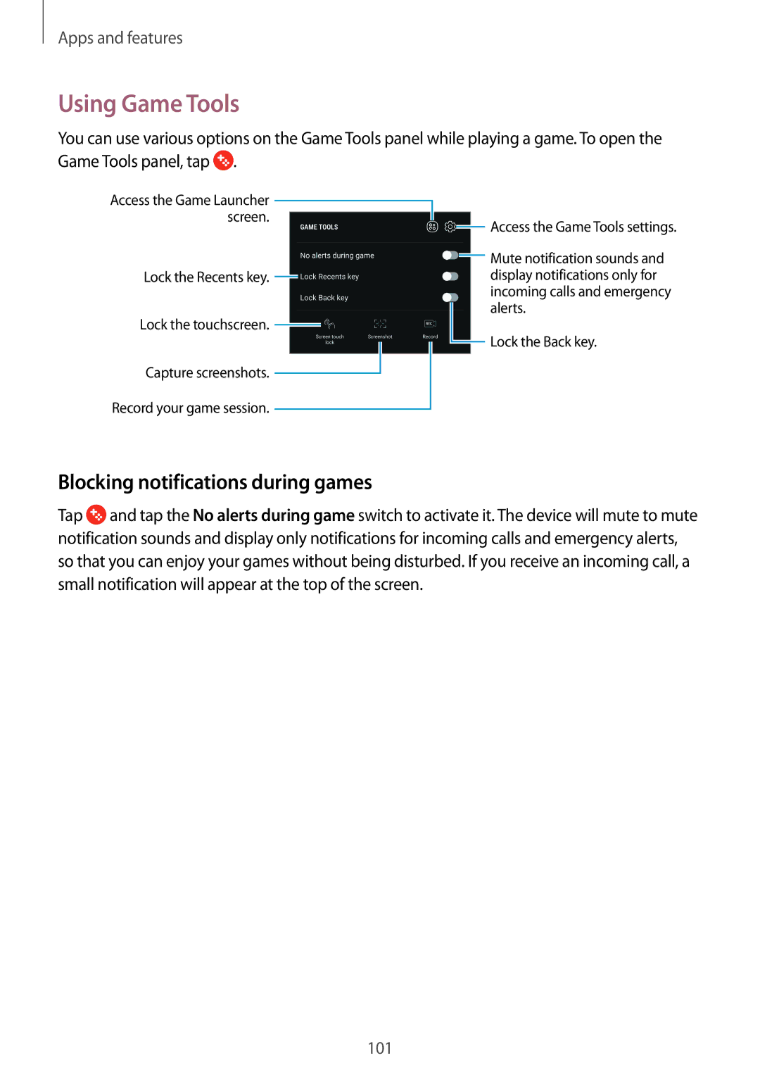 Samsung SM-C900FZKDXEV, SM-C900FZDDXEV manual Using Game Tools, Blocking notifications during games 