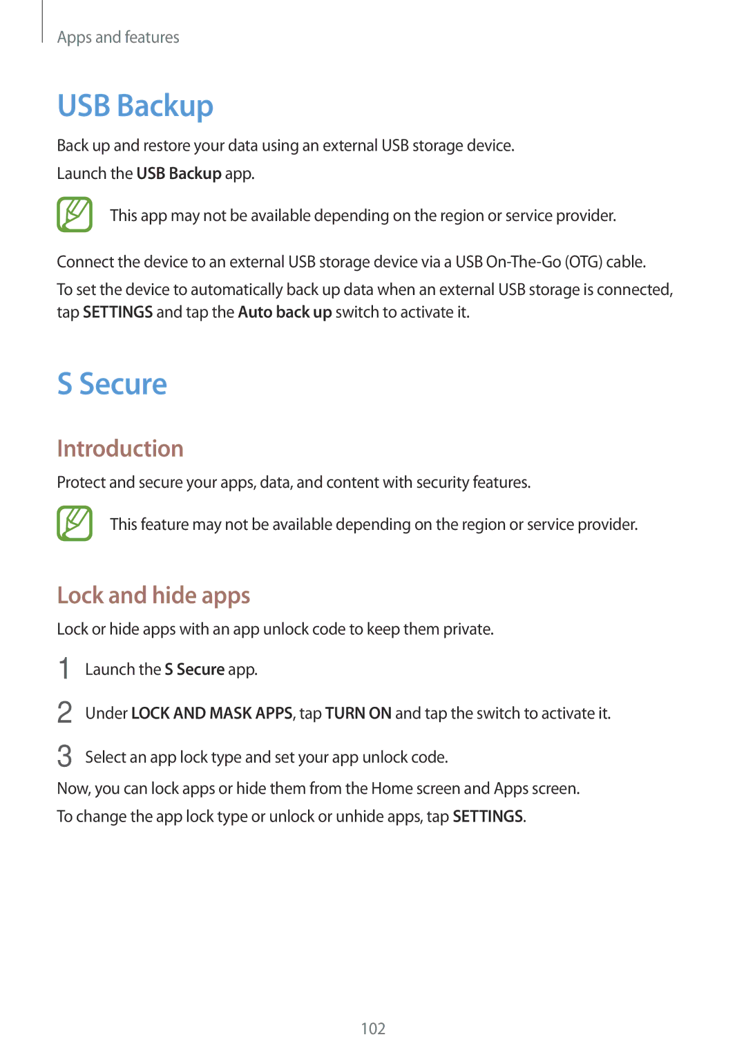 Samsung SM-C900FZDDXEV, SM-C900FZKDXEV manual USB Backup, Secure, Lock and hide apps 