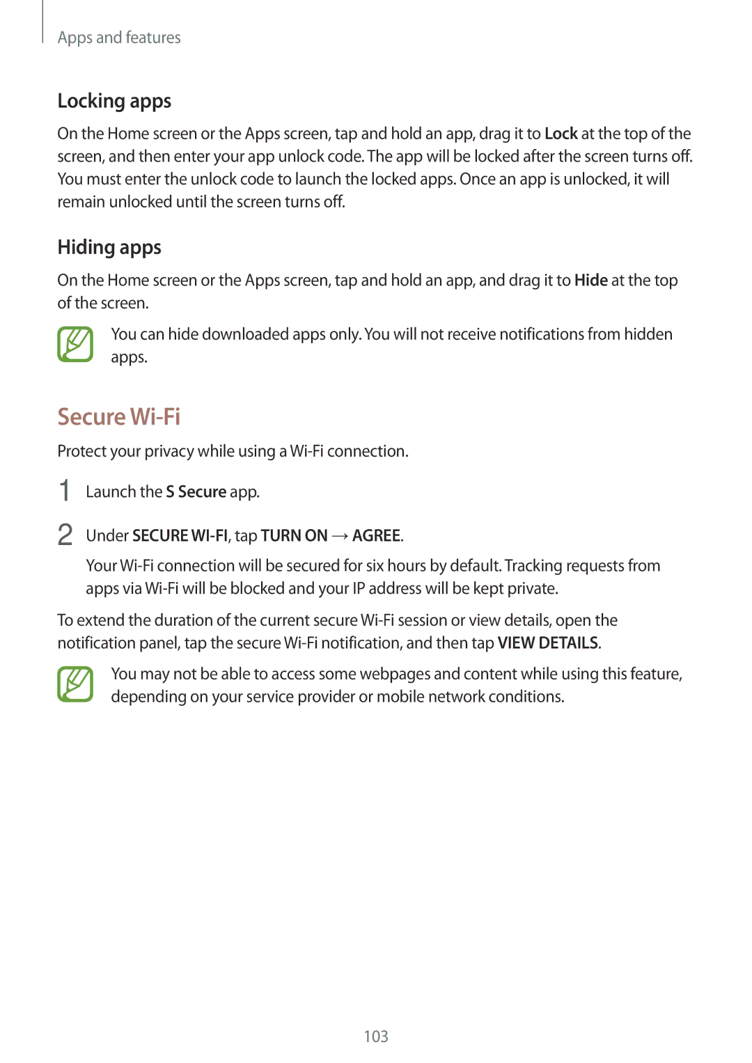 Samsung SM-C900FZKDXEV, SM-C900FZDDXEV Secure Wi-Fi, Locking apps, Hiding apps, Under Secure WI-FI, tap Turn on →AGREE 