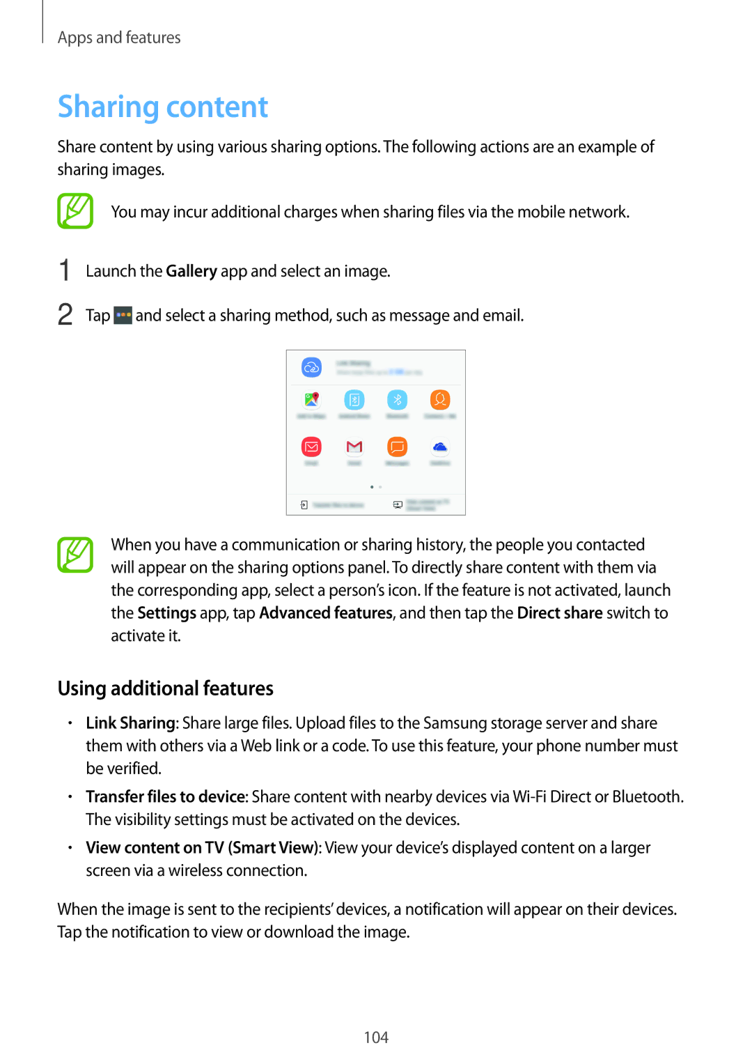 Samsung SM-C900FZDDXEV, SM-C900FZKDXEV manual Sharing content, Using additional features 