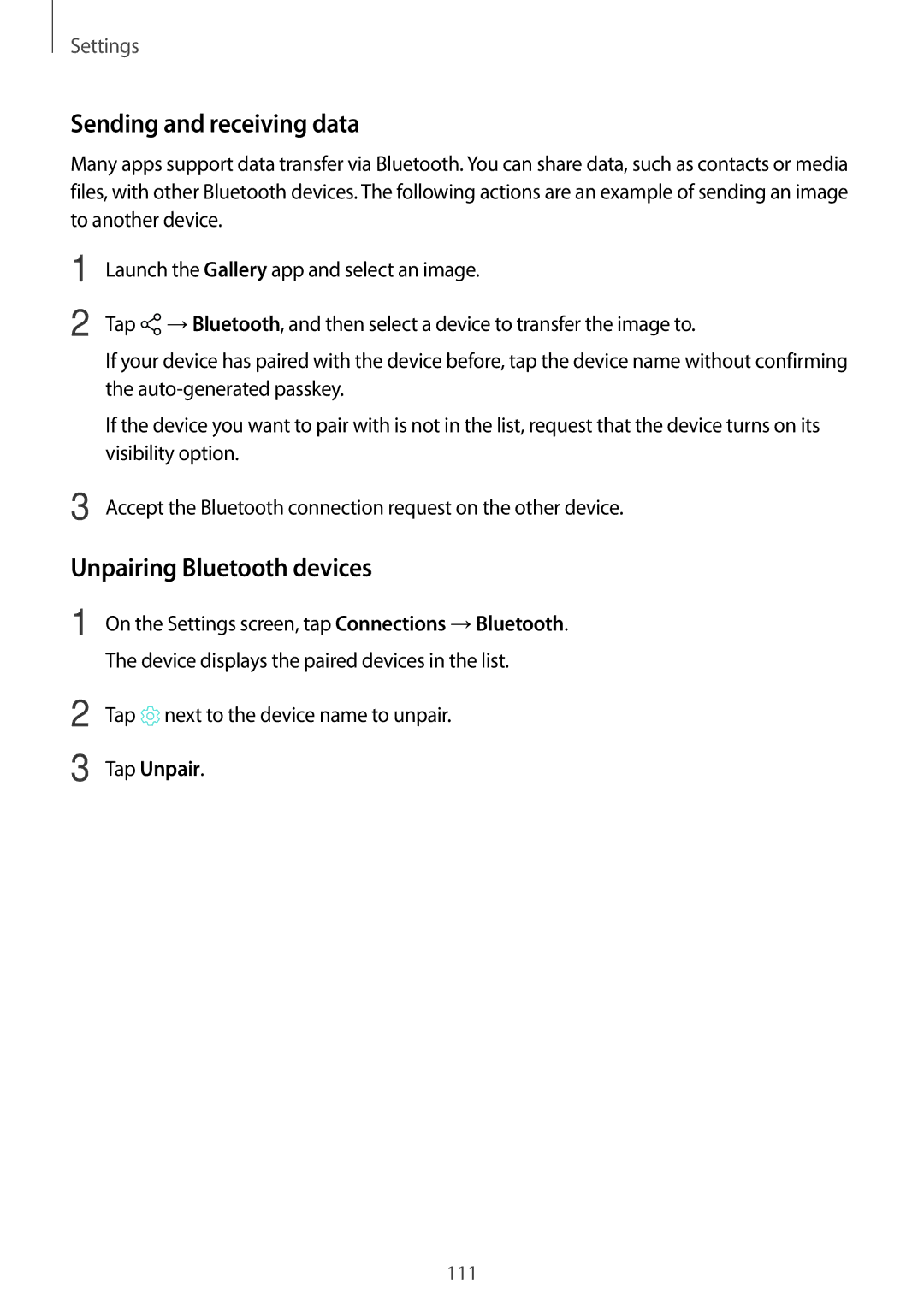 Samsung SM-C900FZKDXEV, SM-C900FZDDXEV manual Sending and receiving data, Unpairing Bluetooth devices, Tap Unpair 